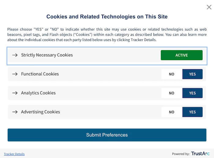 Cookie and related technologies on site notice pop up for cookie consent due to EU laws