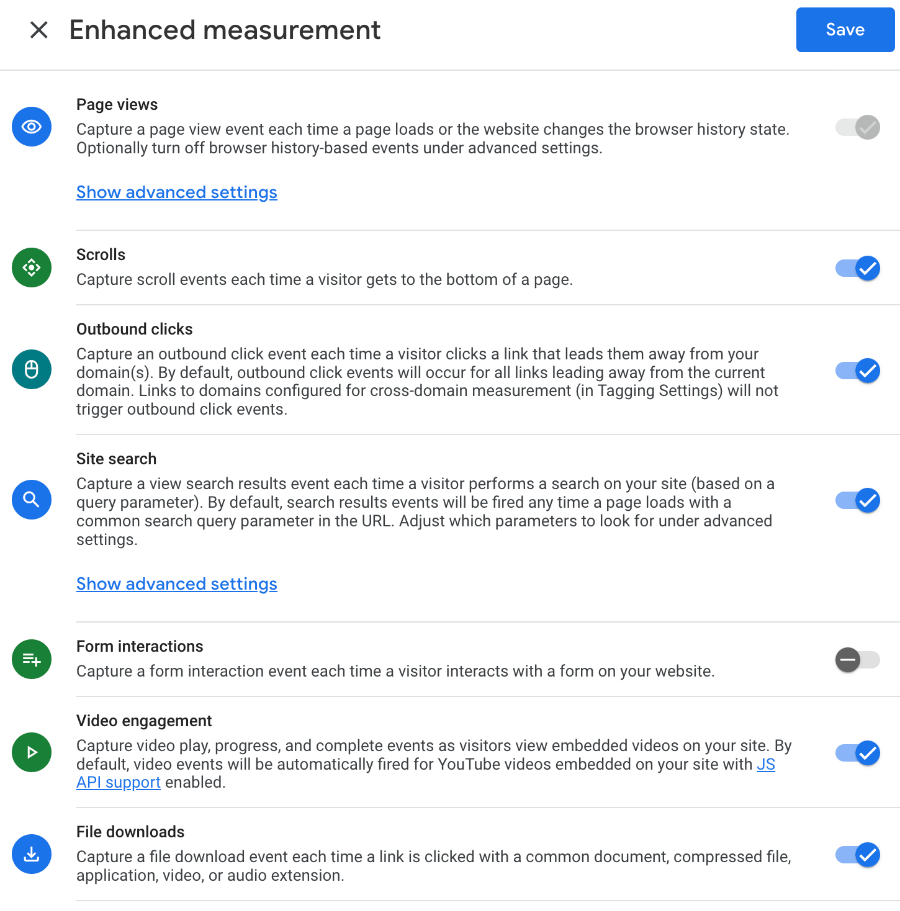 Enhanced measurement has toggles for on and off with additional events like scrolls and outbound clicks