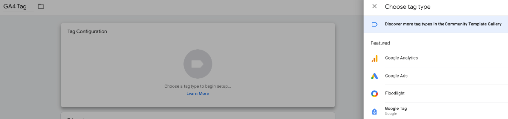 GA4 Tag set up for Google Tag Manager by selecting Google Tag
