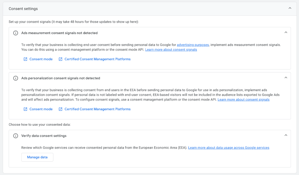 Google Analytics 4 Cookie consent settings menu