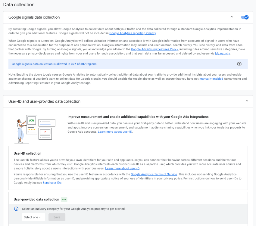 Google Signals data collection settings for advanced data matching and audience building for Google Ads