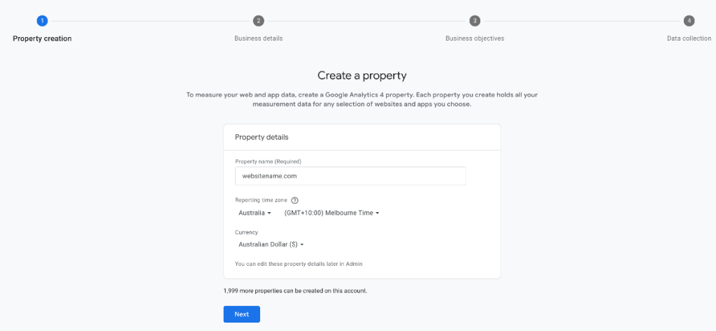 How to set up a Google Analytics property as a beginner in property settings step