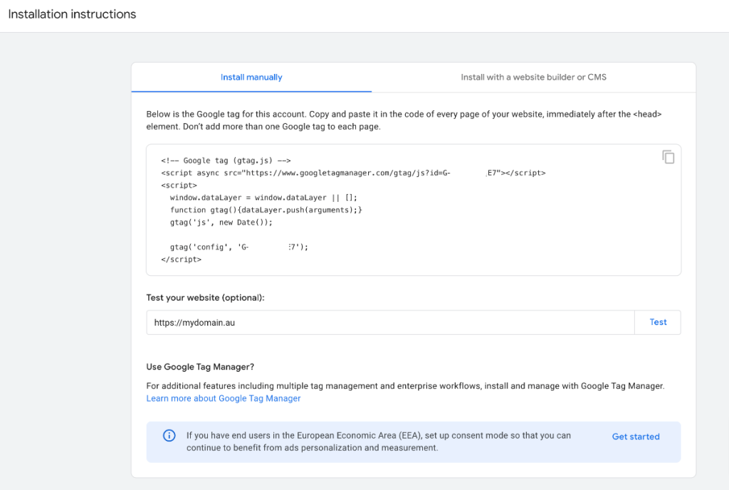 Installation instructions tab with install code manually or install with a website builder or CMS option in GA4