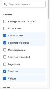 Shopify Analytics has a dropdown to add more metrics into your reports