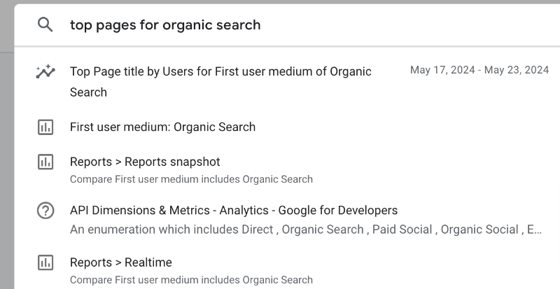 Top pages by organic search typed into the top search bar in Google Analytics 4 new search bar