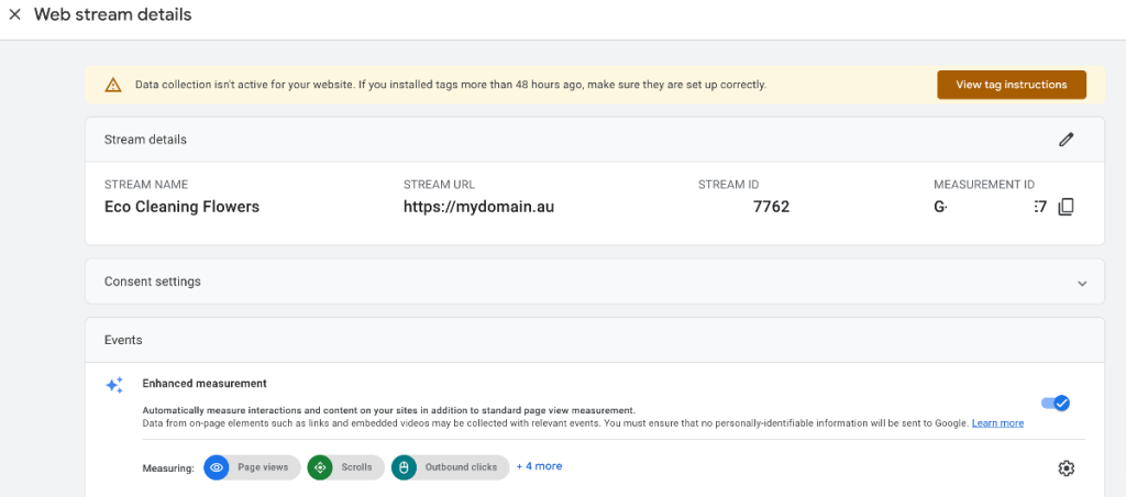 Web stream details in Google Analytics 4 settings for setup process