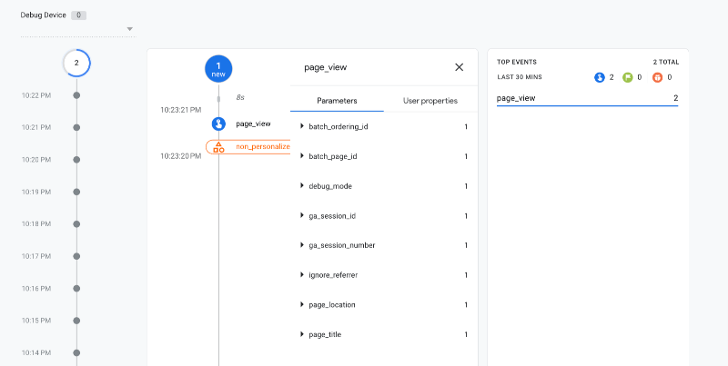 Debug View in Google Analytics 4 dashboard to show if a page view event is being passed to GA4 and check tag is working